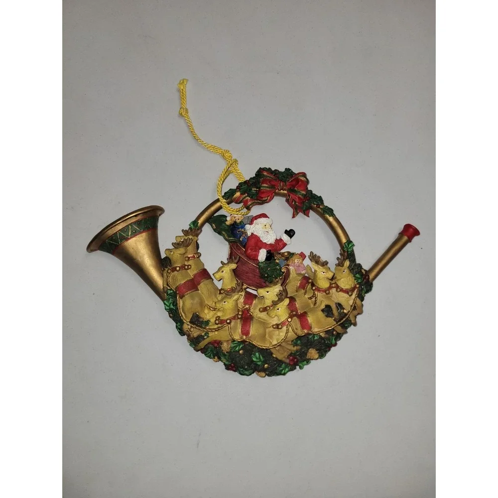 Vintage Christmas Trumpet With Santa Reindeer Hanging Holiday Decor